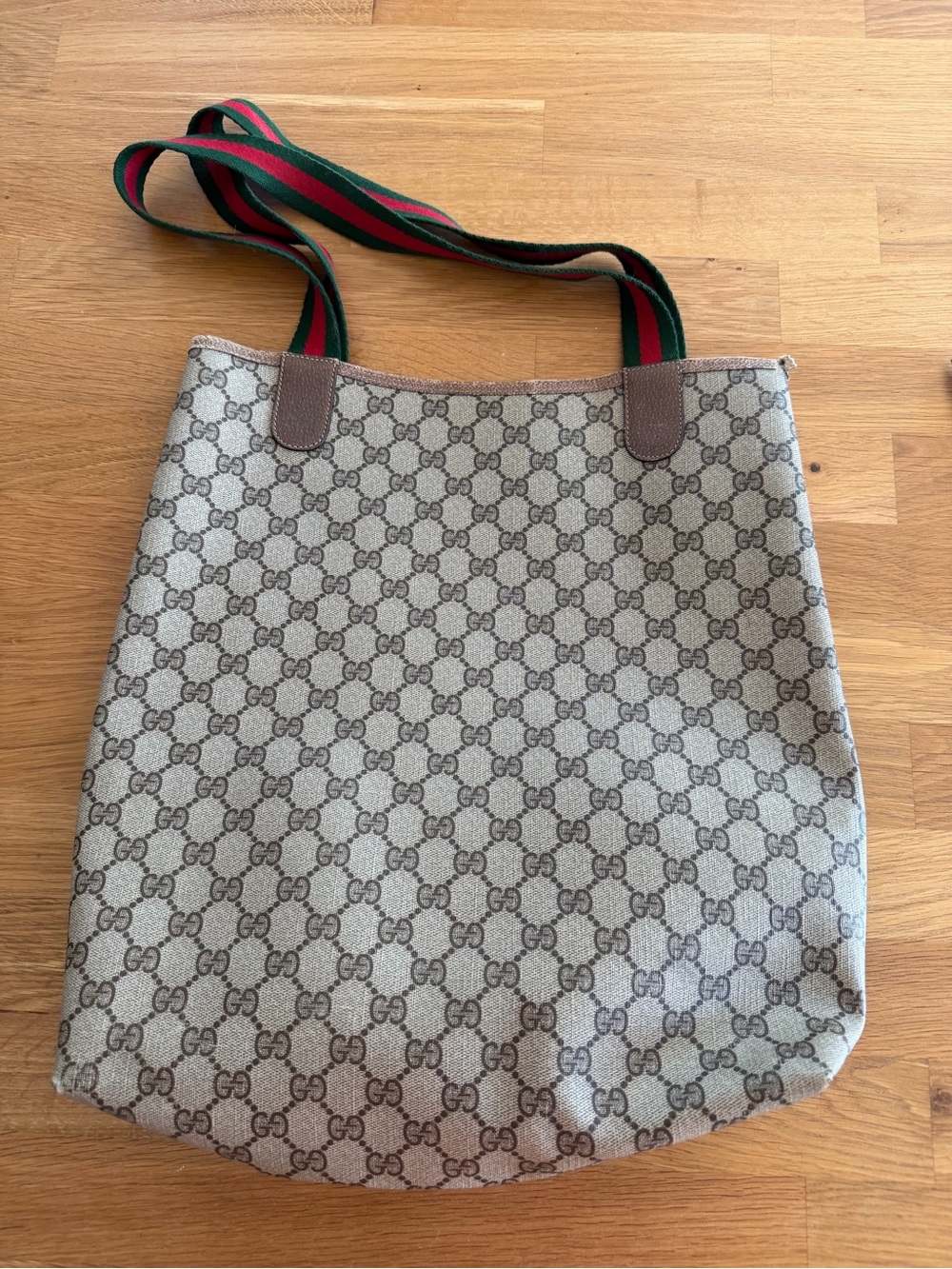 Gucci Beige GG Canvas Tote with Brown Trim and Green-Red Web Straps - Picture 2 of 5